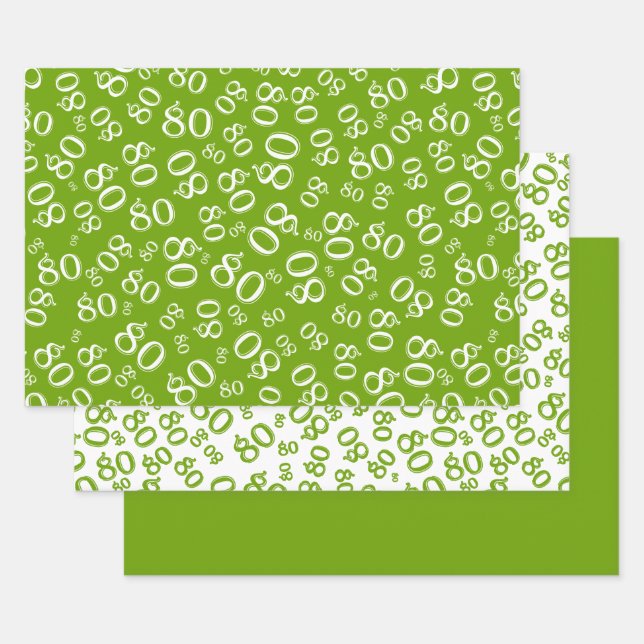 80th Birthday Green & White Number Pattern 80 Wrapping Paper Sheets (Set)