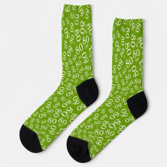 80th Birthday Green/White Random Number Pattern Socks (Left)