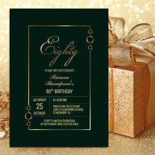80th Birthday Green with Gold Frame Party Invitation
