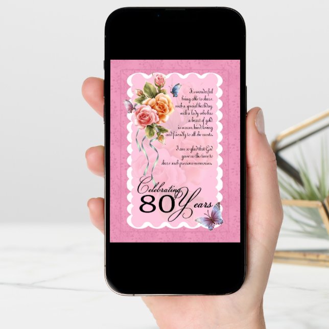 80th birthday greeting card - roses and butterfly (Front Digital)