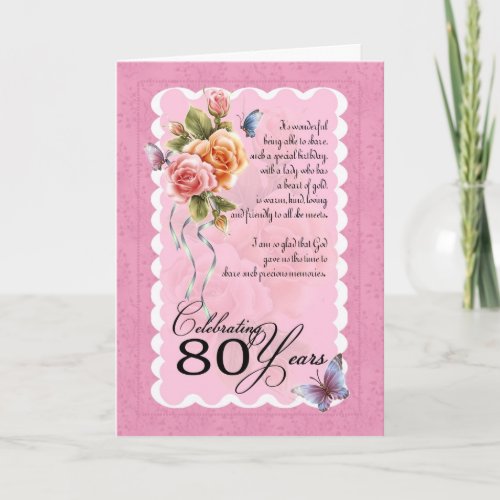 80th birthday greeting card _ roses and butterfly