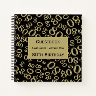 80th Birthday Guest Book Number Pattern Gold/Black