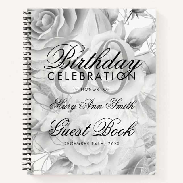 80th Birthday Guestbook Party Floral Silver White Notebook (Front)