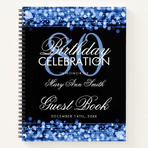 80th Birthday Guestbook Party Sparkles Blue Notebook