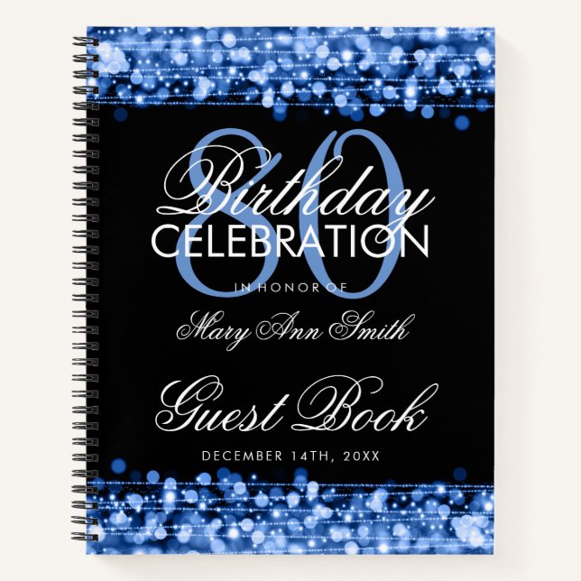 80th Birthday Guestbook Party Sparkles Blue Notebook (Front)