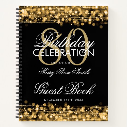 80th Birthday Guestbook Party Sparkles Gold Notebook