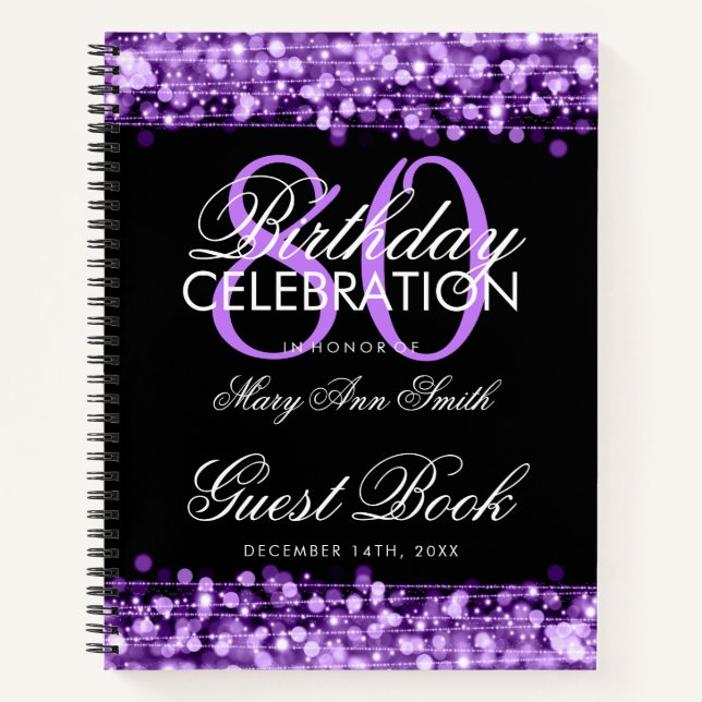 80th Birthday Guestbook Party Sparkles Purple Notebook (Front)