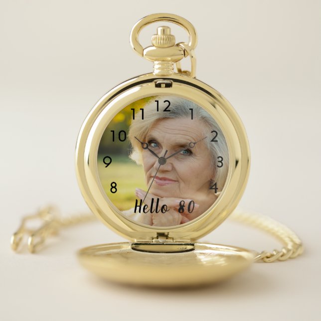 80th birthday hello 80 woman photo pocket watch (Inside)
