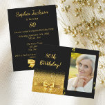 80th birthday iblack gold bow photo  invitation<br><div class="desc">Elegant,  classic,  glamorous and feminine style party invitation.  A gold colored ribbon and bow.  Black background. With the text: 80th Birthday! on front. Template for your photo.

Add your event details on back.</div>
