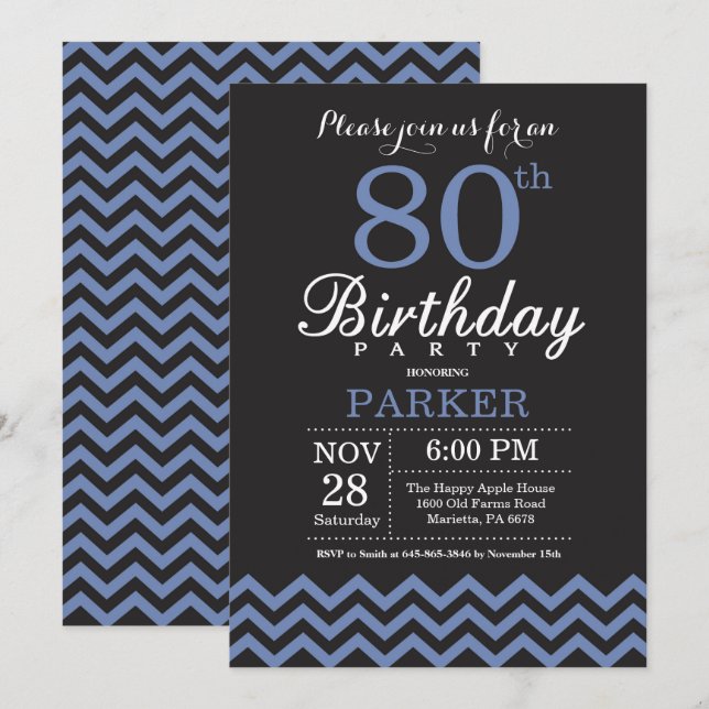 80th Birthday Invitation Black and Blue (Front/Back)