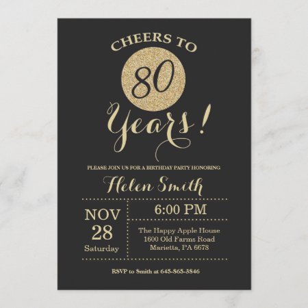 80th Birthday Invitation Black And Gold Glitter