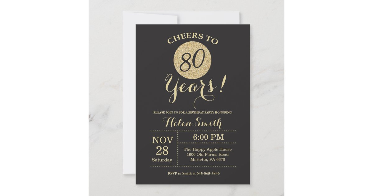 80th Birthday Invitation Black and Gold Glitter | Zazzle