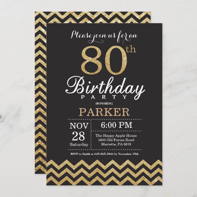 80th Birthday Invitation Black and Gold Glitter (Front/Back)