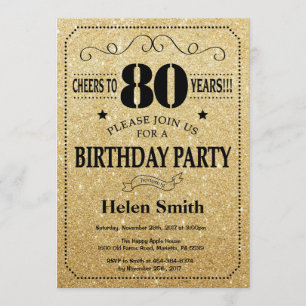 80th Birthday Invitation Black and Gold Glitter