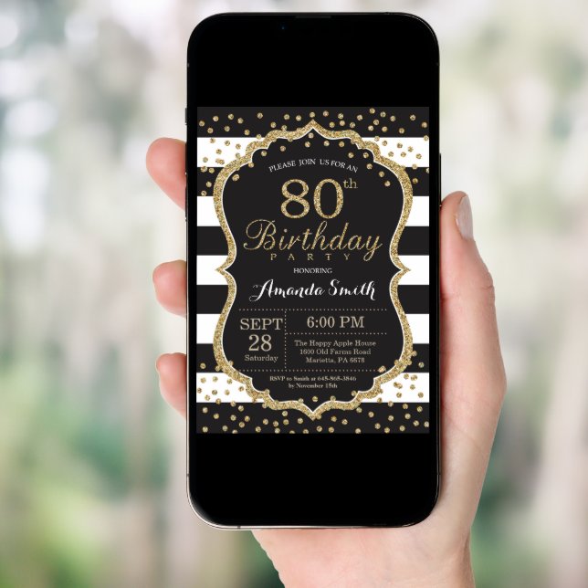 80th Birthday Invitation. Black and Gold Glitter Invitation (Front Digital)