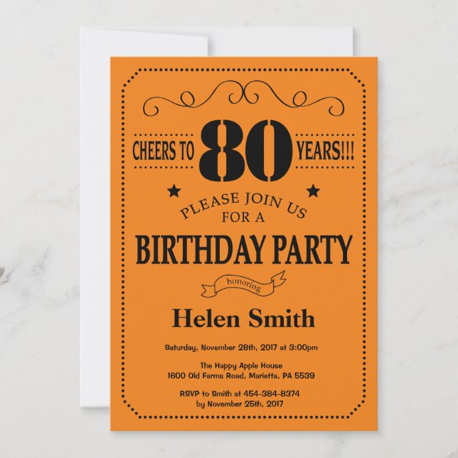 80th Birthday Invitation Black and Orange (Front)