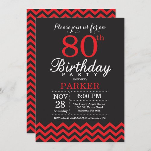 80th Birthday Invitation Black and Red