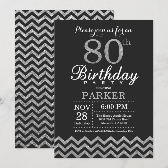 80th Birthday Invitation Black and Silver Glitter (Front/Back)