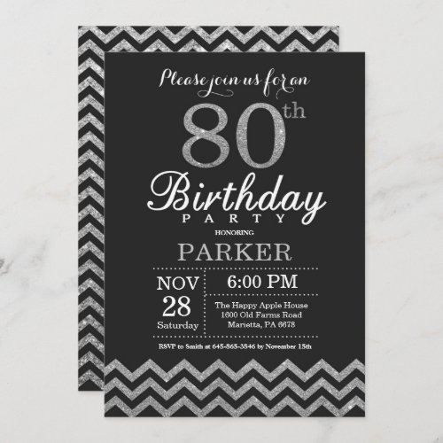 80th Birthday Invitation Black and Silver Glitter