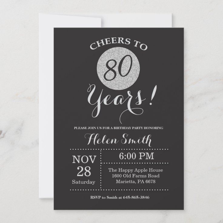 80th Birthday Invitation Black and Silver Glitter | Zazzle