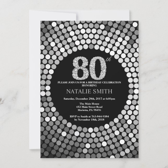 80th Birthday Invitation Black and Silver Glitter (Front)