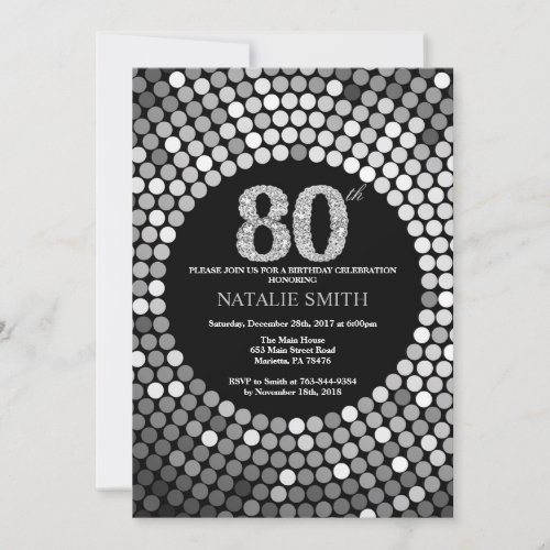 80th Birthday Invitation Black and Silver Glitter