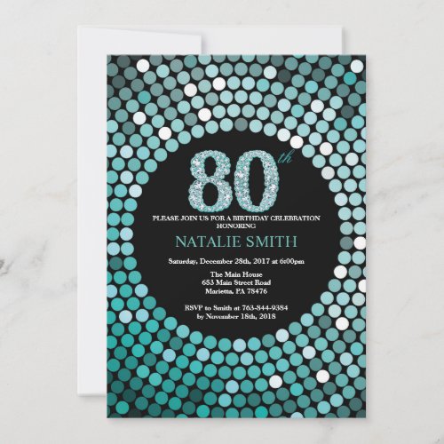 80th Birthday Invitation Black and Teal Glitter