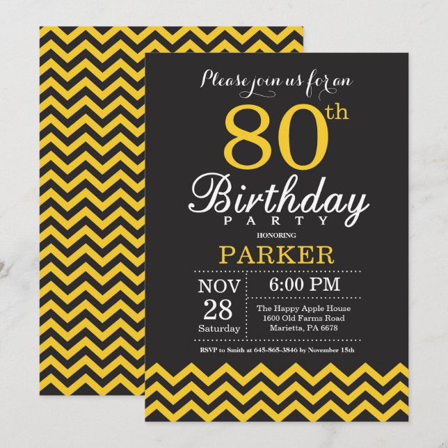 80th Birthday Invitation Black and Yellow Chevron (Front/Back)