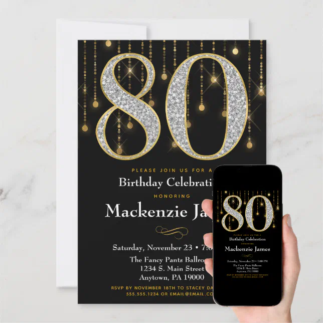 80th Birthday Invitation Black Gold Diamonds Adult | Zazzle