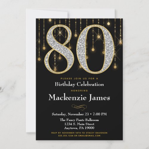 80th Birthday Invitation Black Gold Diamonds Adult