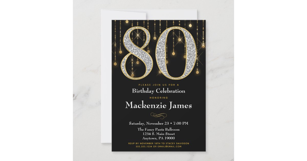 80th Birthday Invitation Black Gold Diamonds Adult | Zazzle