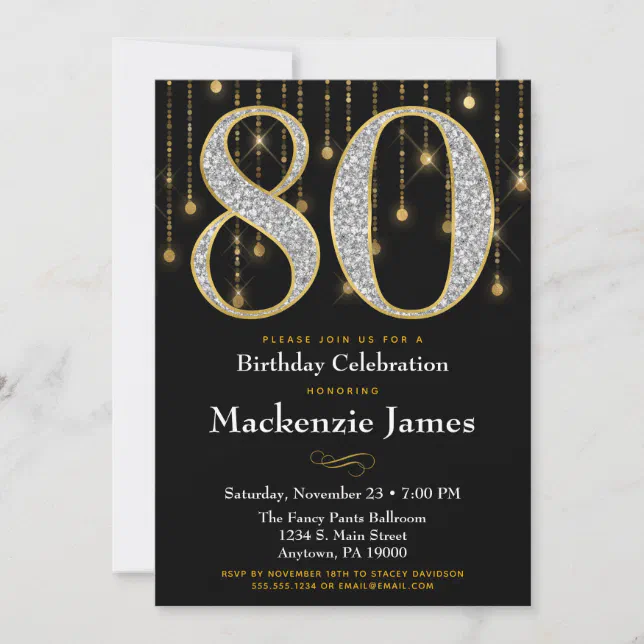 80th Birthday Invitation Black Gold Diamonds Adult | Zazzle