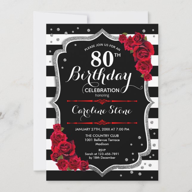80th Birthday Invitation Black White Stripes Roses (Front)