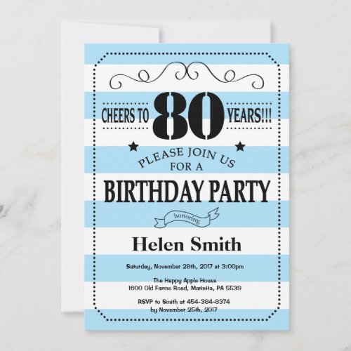 80th Birthday Invitation Blue and White Stripes