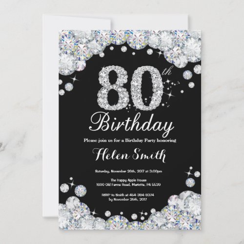 80th Birthday Invitation Chalkboard Silver Diamond