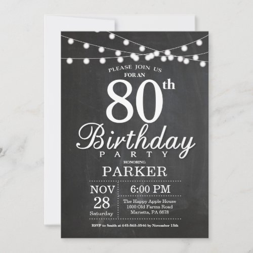 80th Birthday Invitation Chalkboard String Lights