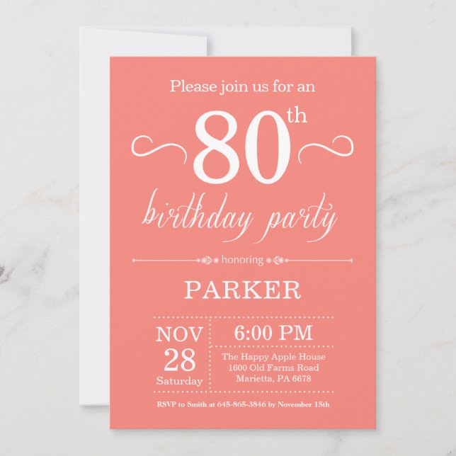 80th Birthday Invitation Coral (Front)