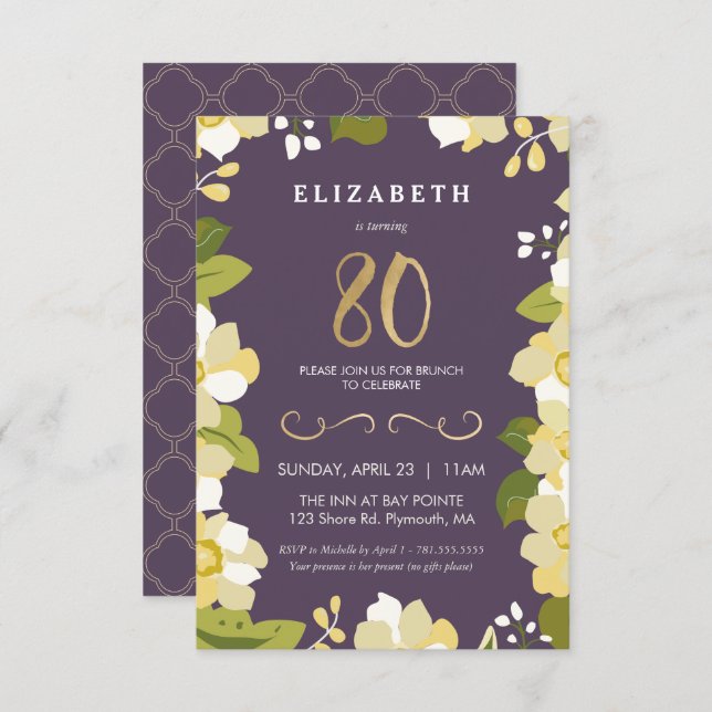 80th Birthday Invitation, Customize Floral w/ Gold Invitation (Front/Back)