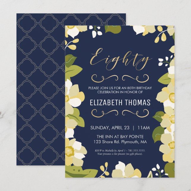 80th Birthday Invitation, Customize Floral w/ Gold Invitation (Front/Back)