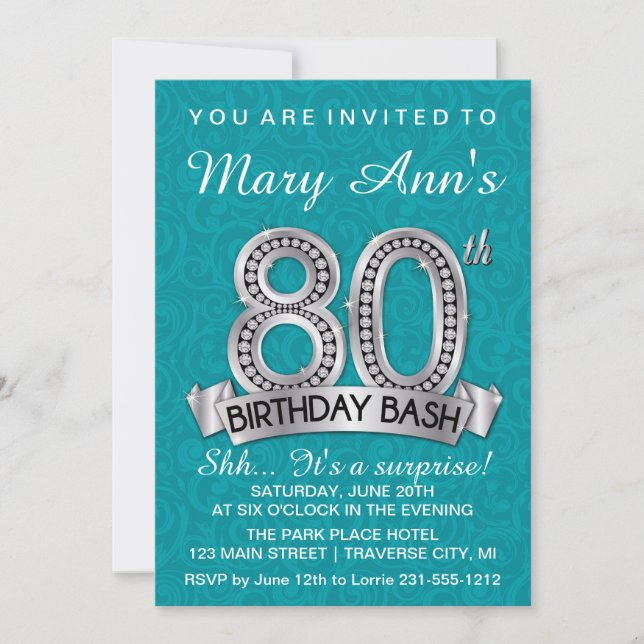 80th Birthday Invitation Diamond Milestone Invite (Front)