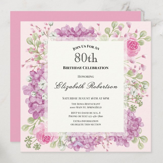80th Birthday Invitation Elegant Pink Flowers (Creator Uploaded)
