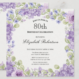 80th Birthday Invitation Elegant Purple Floral
