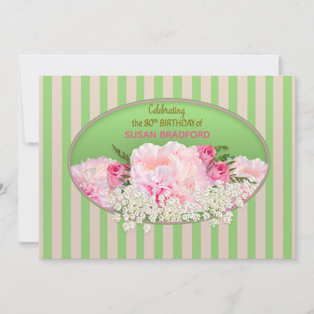 80th Birthday Invitation, Feminine w/Flowers Invitation (Front)