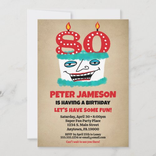 80th Birthday Invitation Funny Cake Casual Mens