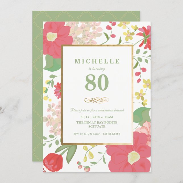 80th Birthday Invitation - Gold, Elegant Floral (Front/Back)