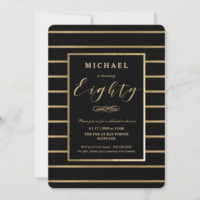 80th Birthday Invitation - Gold, Elegant Masculine (Front)