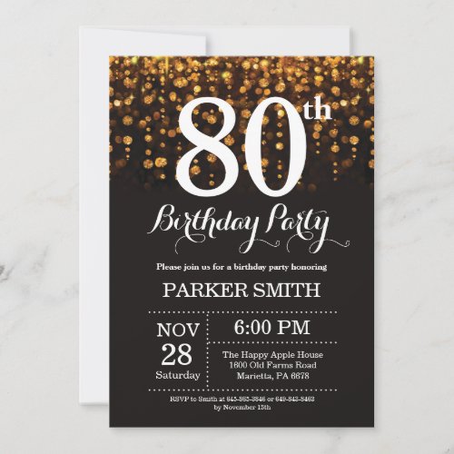 80th Birthday Invitation Gold Glitter
