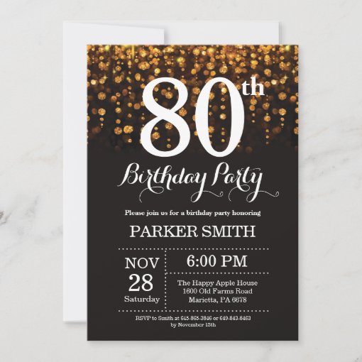 80th Birthday Invitation Gold Glitter | Zazzle