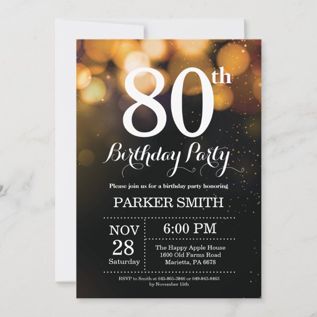 80th Birthday Invitation Gold Glitter (Front)