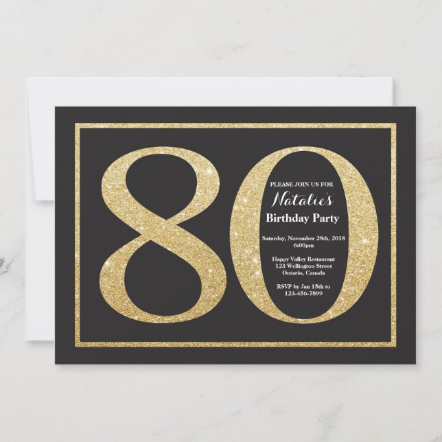 80th Birthday Invitation Gold Glitter Chalkboard (Front)